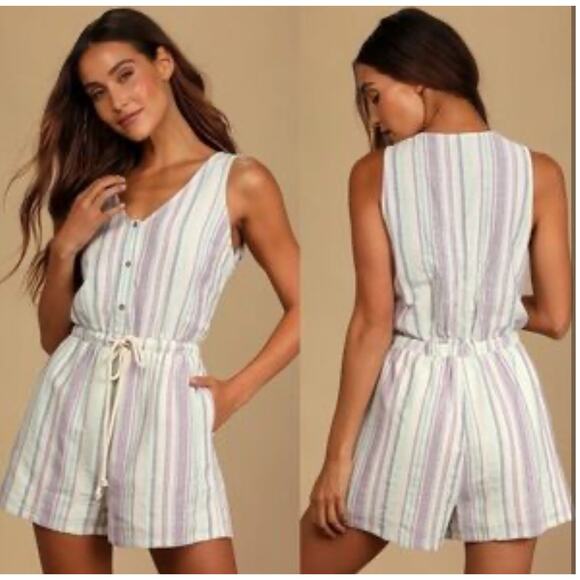 LULU’S Forever Adventure Romper Size M NEW Lilac Multi Striped Drawstring Waist - Picture 13 of 13